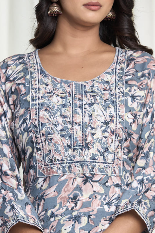 Dusty Blue Floral Printed Straight Kurta Set with Embroidered Yoke & Churidar Pants