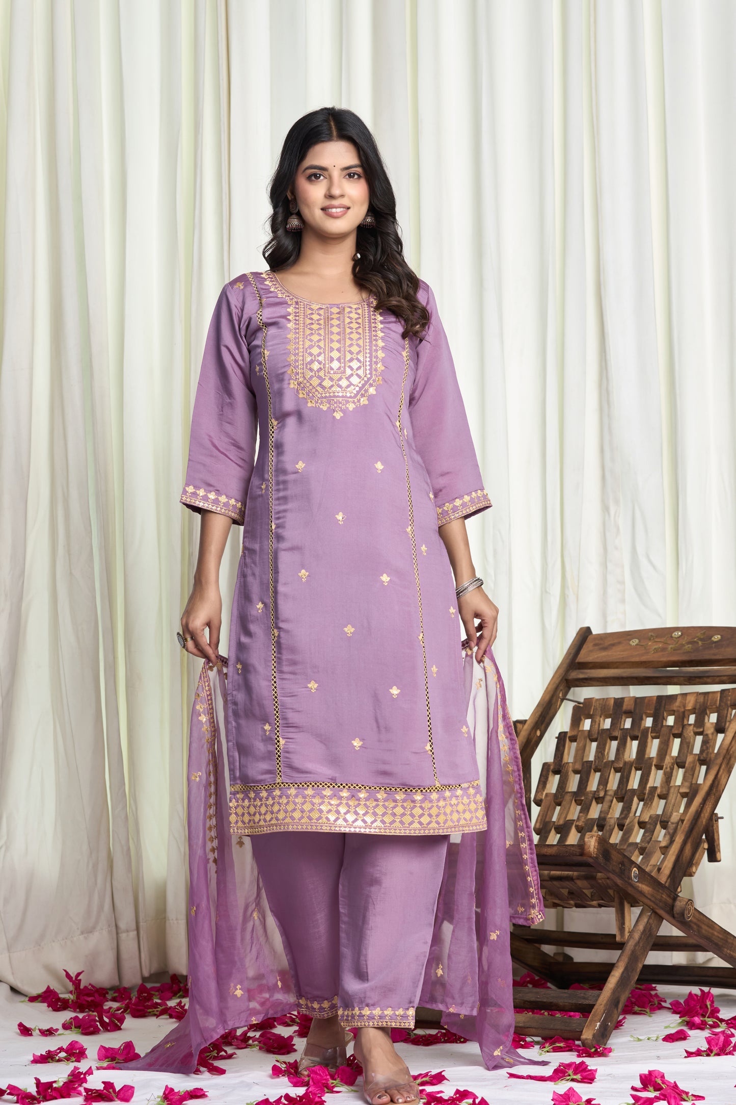 Purple Cotton Silk Embroidered 3-Piece Kurti Set