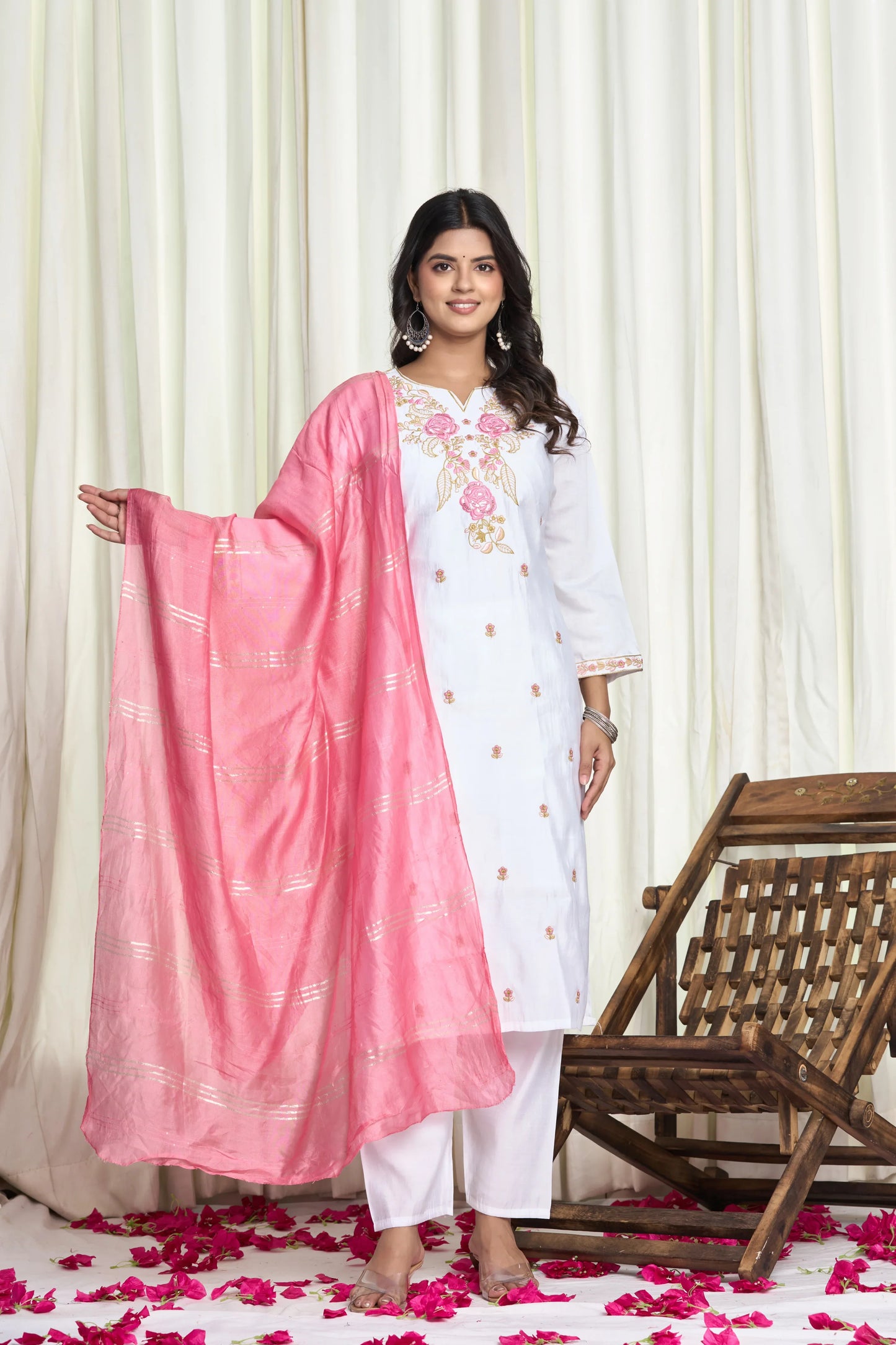 White Roman Silk Embroidered Kurti Set – 3 Piece Festive Suit with Pink Dupatta
