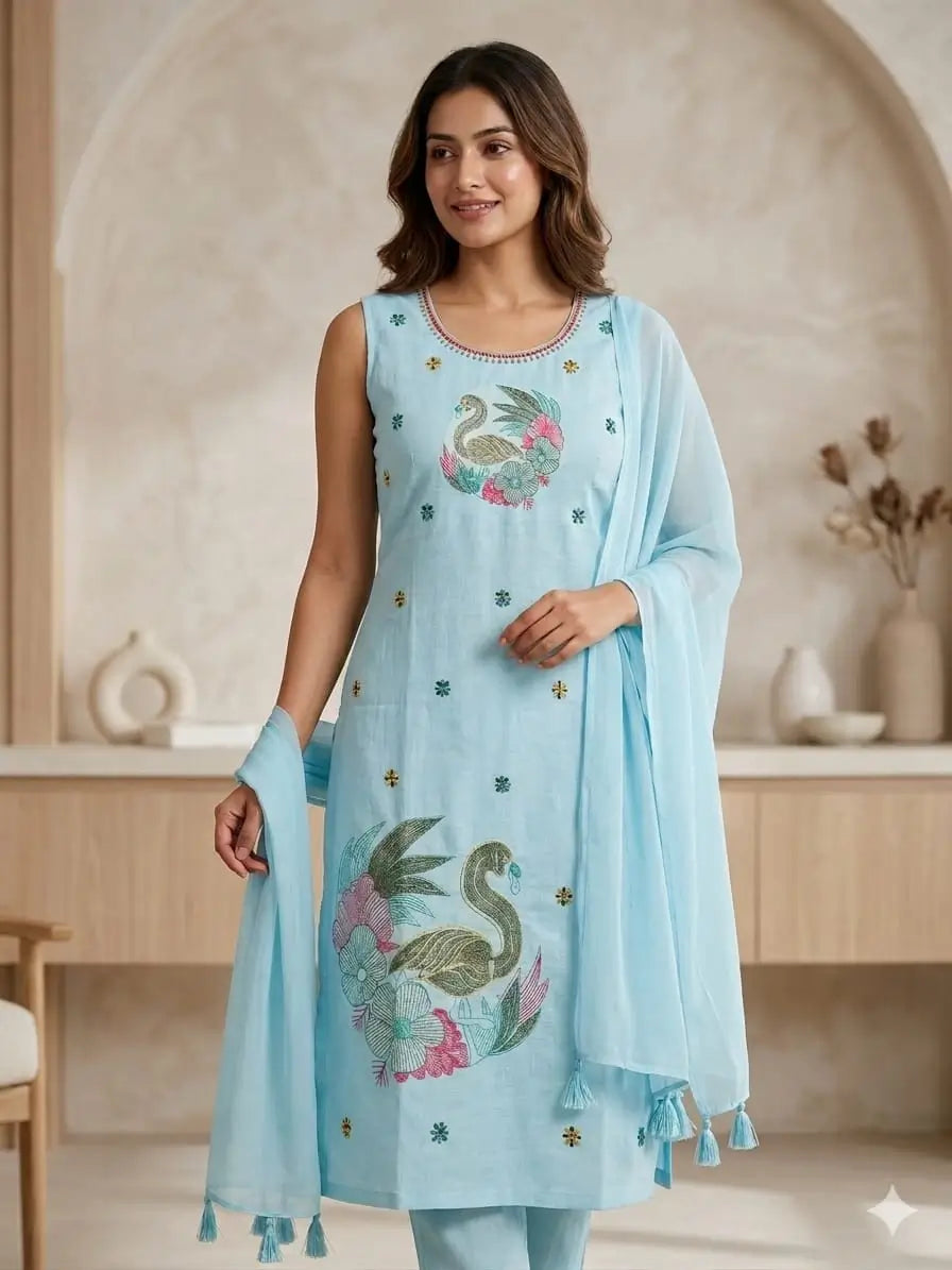 Swan Blue Embroidered Kurta Set