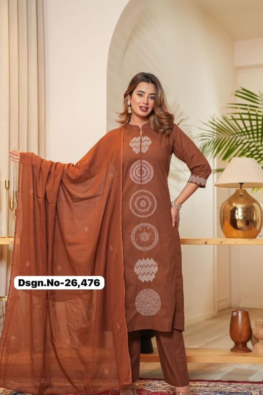 Chocolate Geo-Print Cotton Kurta Pant Set with Dupatta