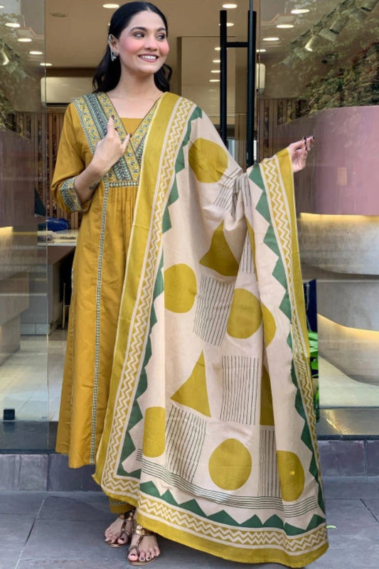 Mustard Geo Bloom Kurta Set with Dupatta