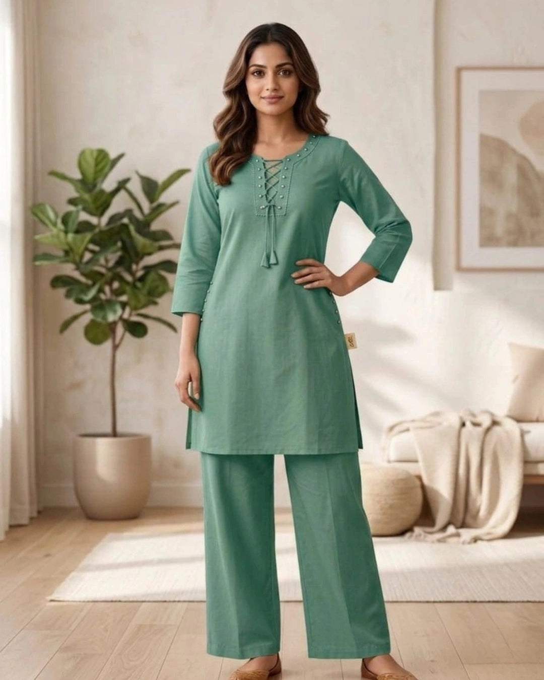 Green Solid Co-ord Set Women