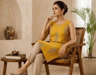 Mustard Floral Cotton Kurti