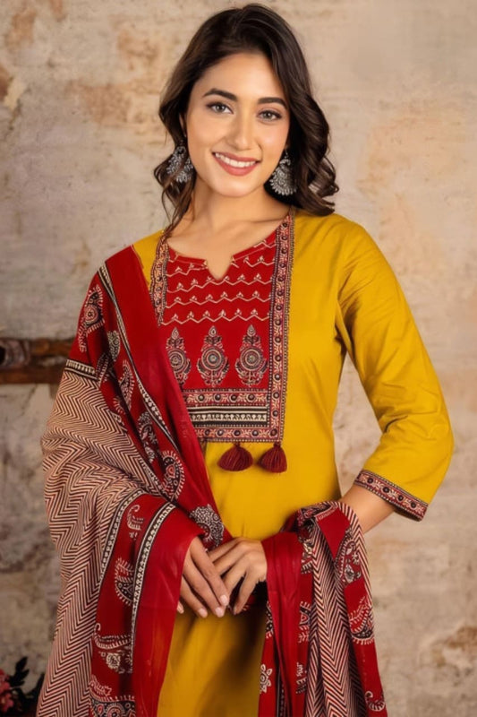 Mustard Jaipuri Printed Suit Set With Premium Dupatta