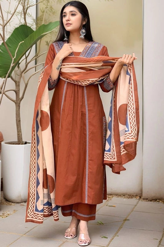 Rust Brown Ethnic Printed Kurta Set With Dupatta