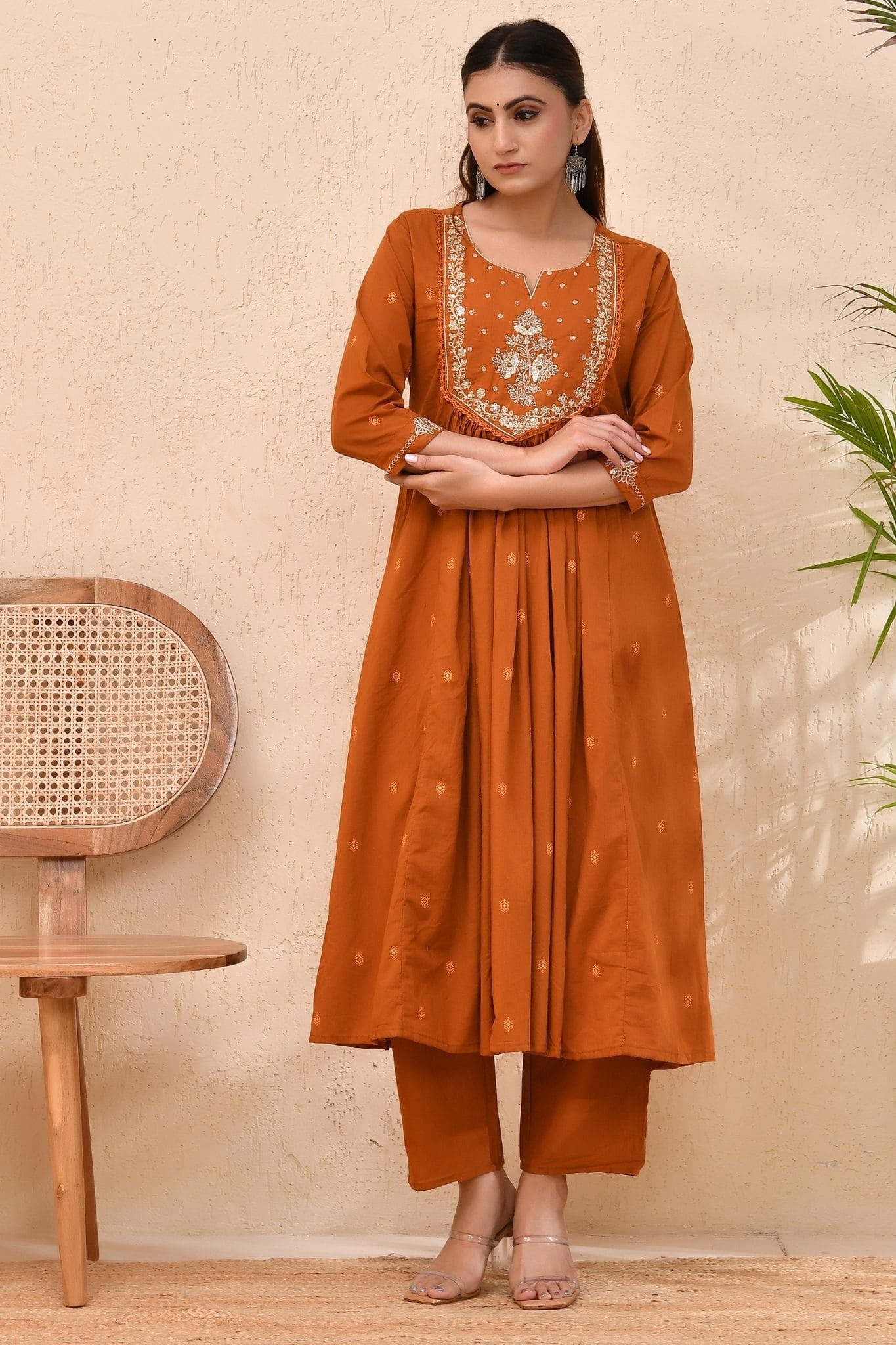 Rust Orange Embroidered Muslin Anarkali Kurta Set with Dupatta – Sunehri