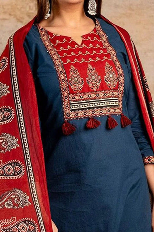 Teal Jaipuri Printed Suit Set With Classic Red Dupatta