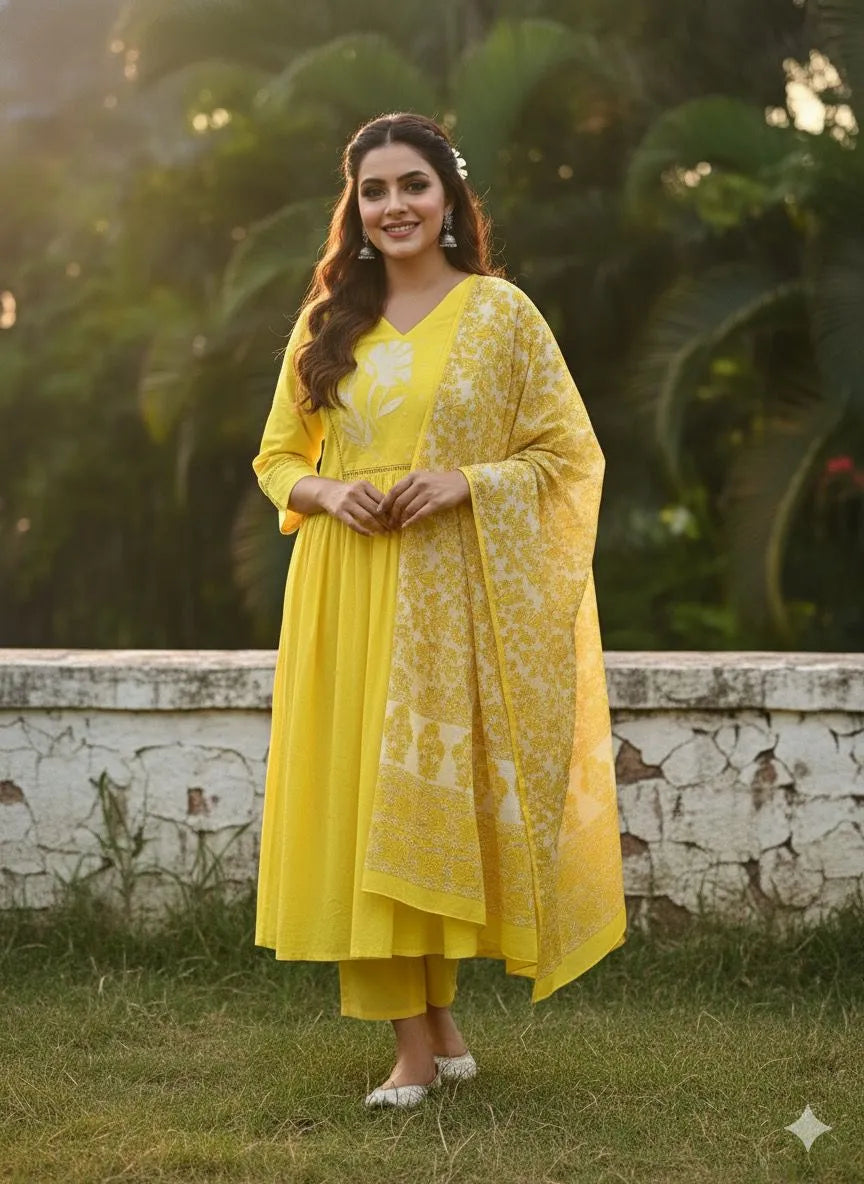 Yellow Embroidered Kurta Set Dupatta