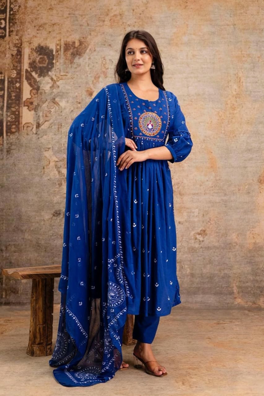 Azure Peacock Embroidered Cotton Kurta Set with Dupatta