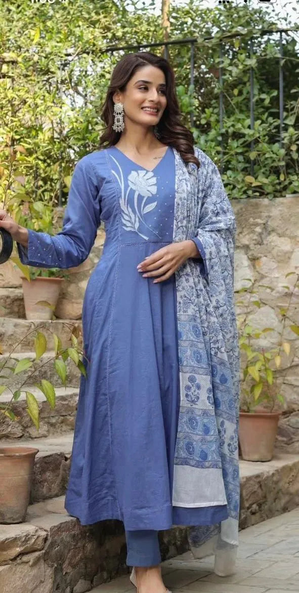 Blue Printed Kurta Set with Dupatta