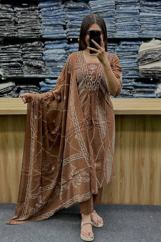 Brown Bandhani Cotton Kurta Set with Dupatta Ethnic Wear
