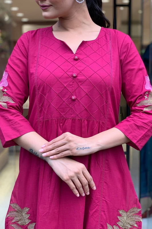 Magenta Floral Embroidered Cotton Kurta Set with Dupatta