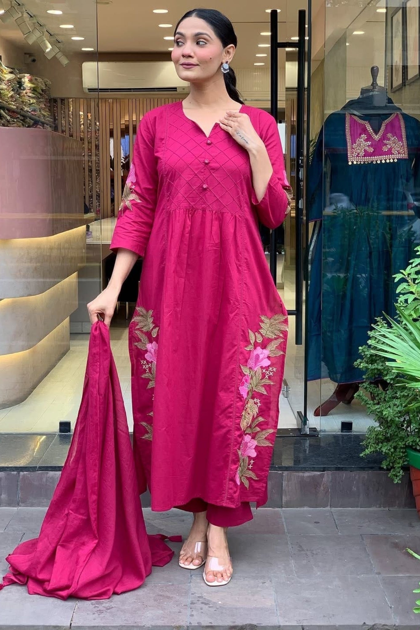 Magenta Floral Embroidered Cotton Kurta Set with Dupatta