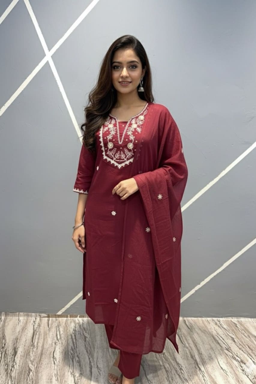 Maroon Embroidered Cotton Kurta Set with Minimal Daisies