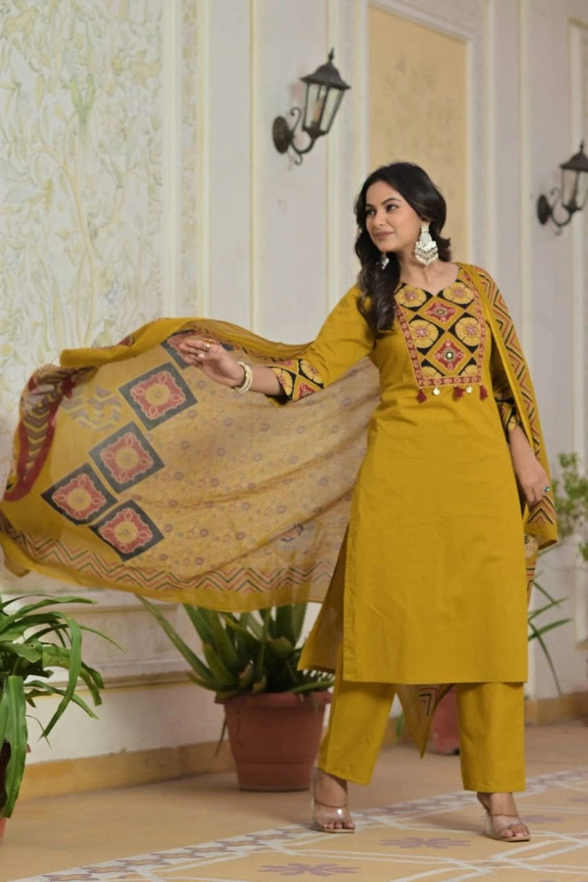 Mustard Printed Ethnic Kurti Set