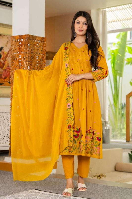 Mustard Floral Embroidered Anarkali Kurta Set with Dupatta