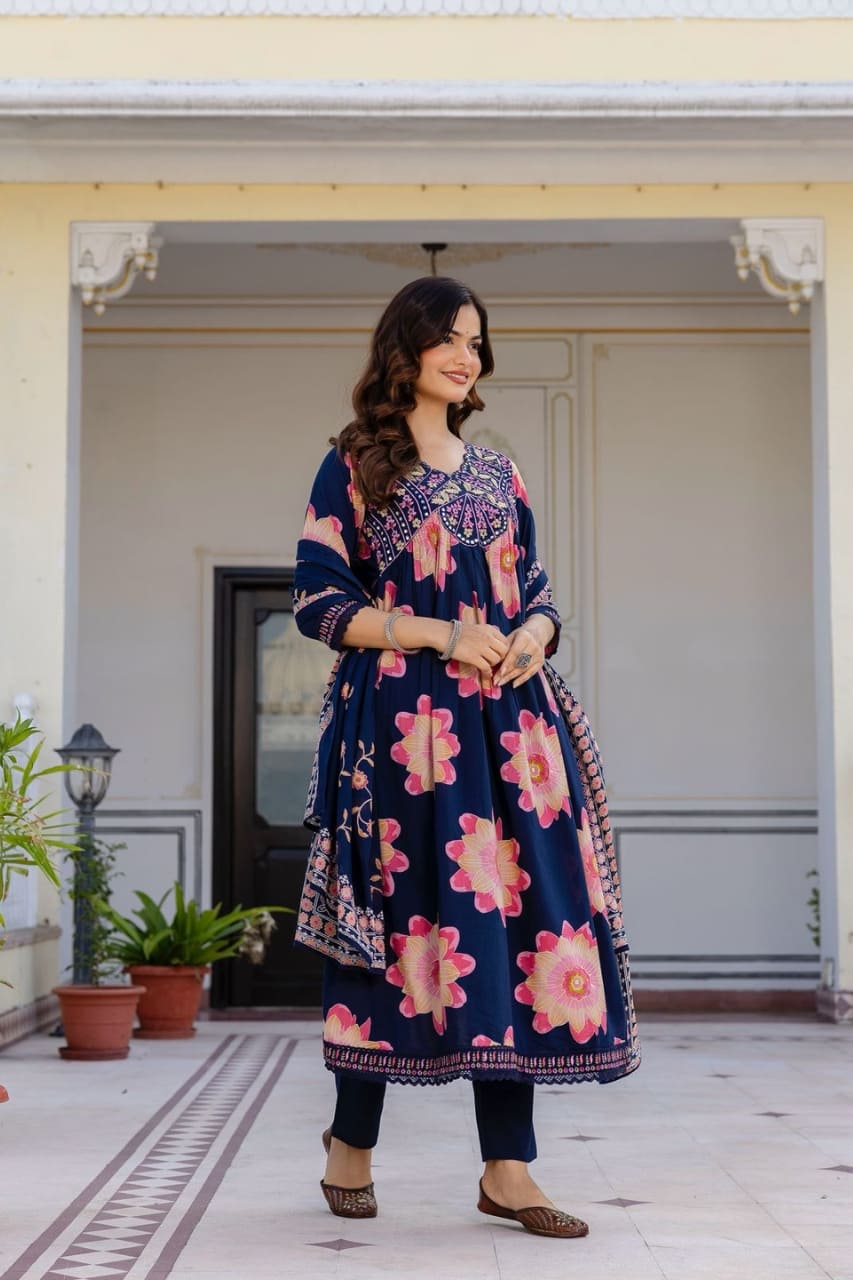Navy Floral Printed Anarkali Suit Set With Dupatta