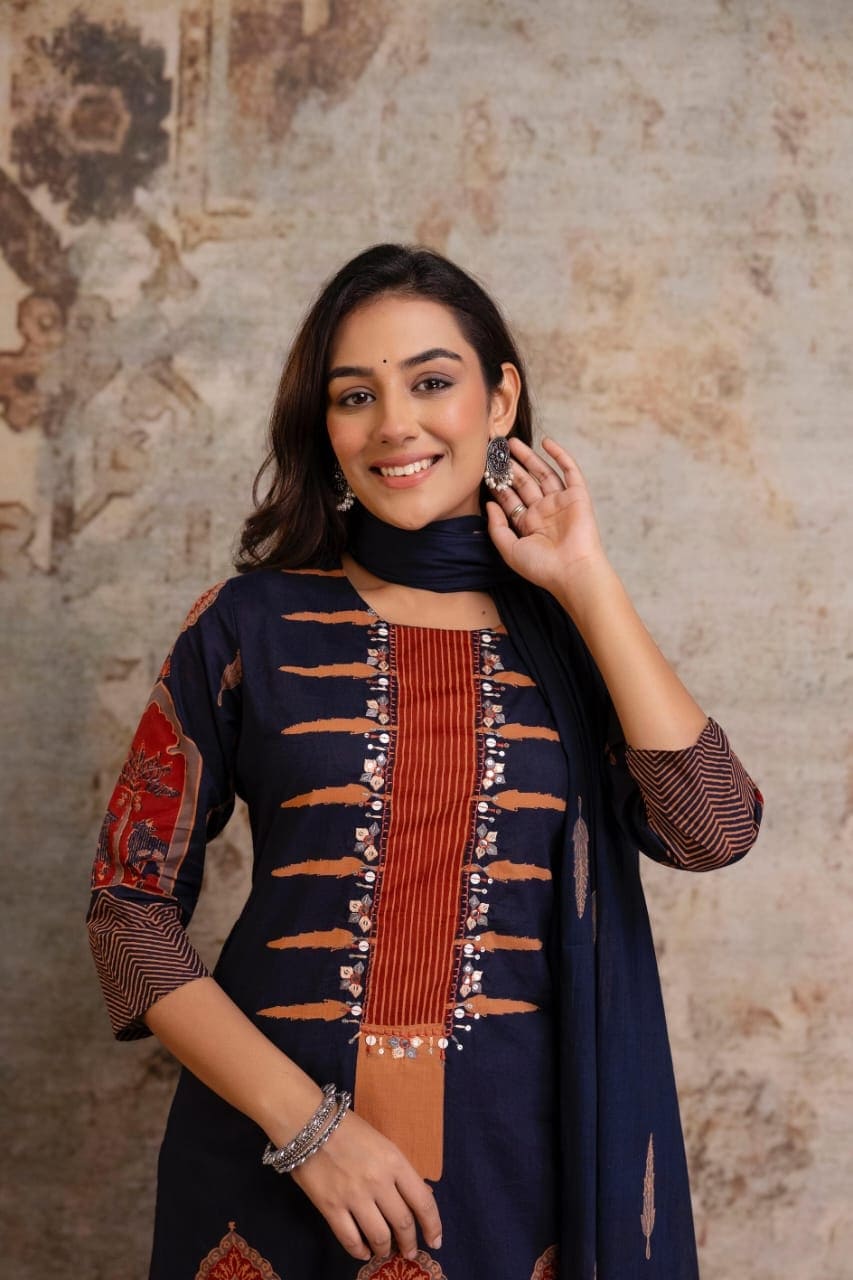 Navy Rust Ethnic Printed Kurti Pant Suit Set Design