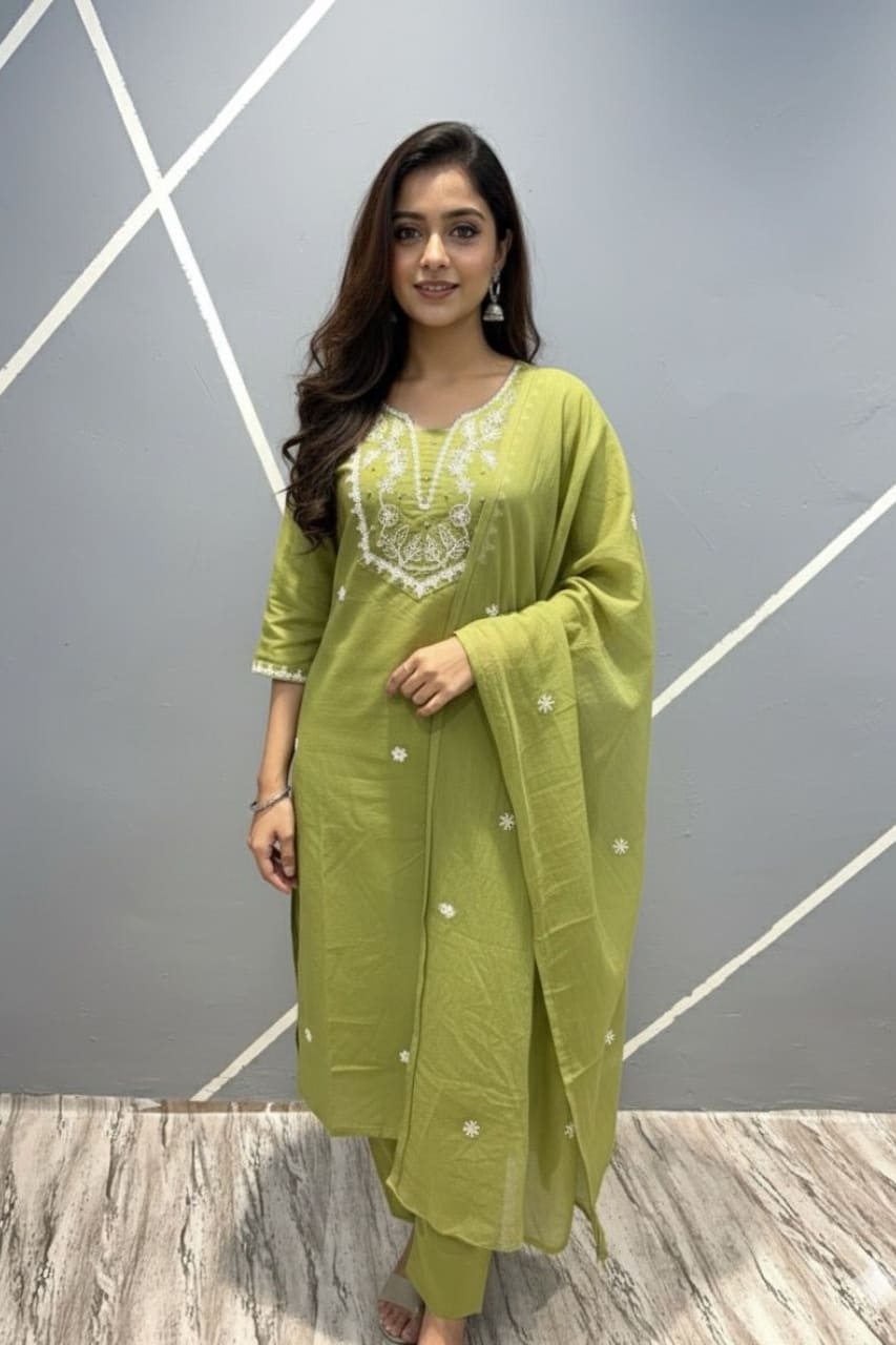 Olive Floral Embroidered Cotton Kurta Set & Minimal Dupatta