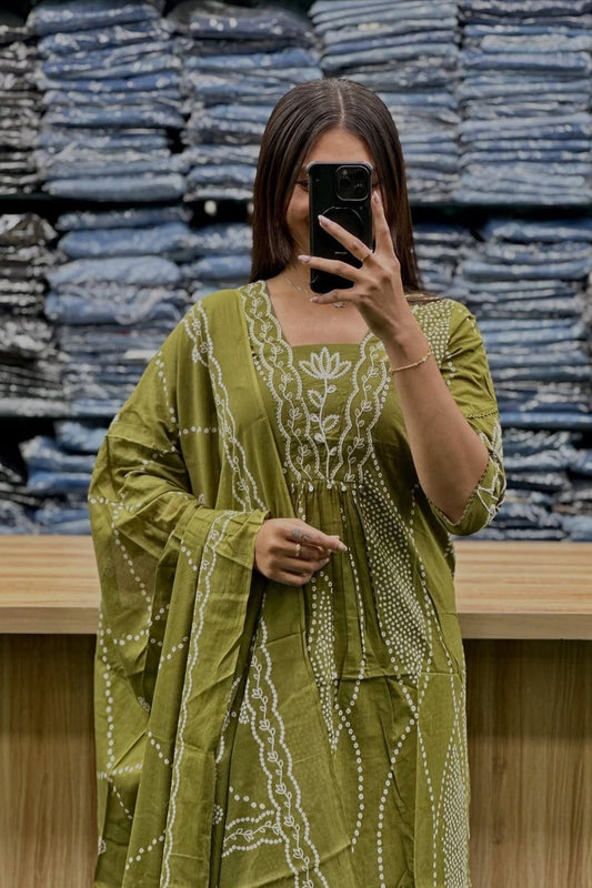 Olive Green Bandhani Cotton Kurta Pant Dupatta Set Ethnic