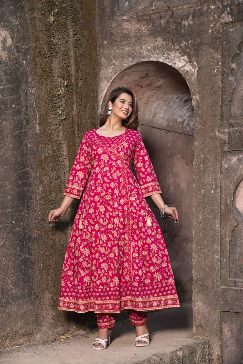 Rani Pink Floral Anarkali Printed Kurti Pant Set