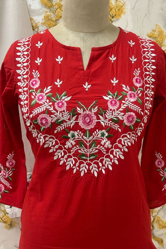 Red Floral Embroidered Kurti With White Pant Set Design