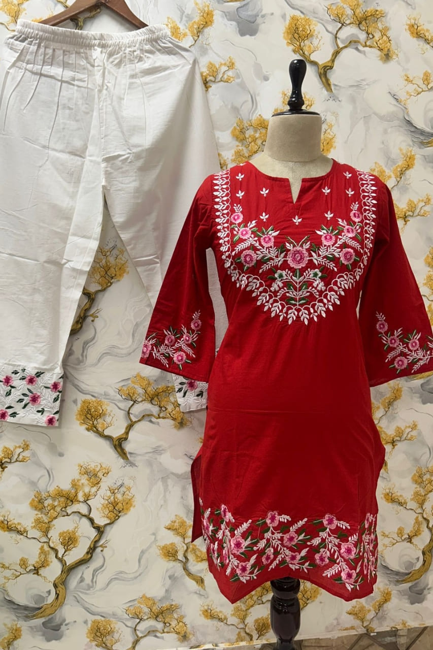 Red Floral Embroidered Kurti With White Pant Set Design