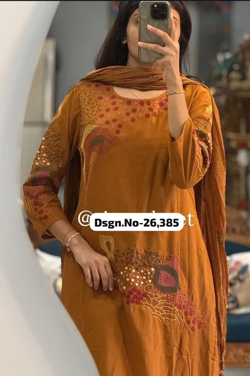 Rust Cotton Embroidered Kurta Pant Set with Artistic Detailing