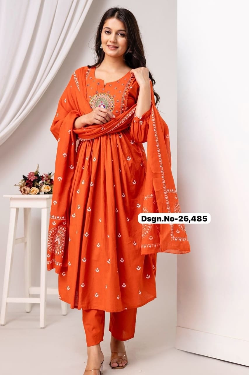 Rust Peacock Embroidered Kurta Set with Artisanal Touches