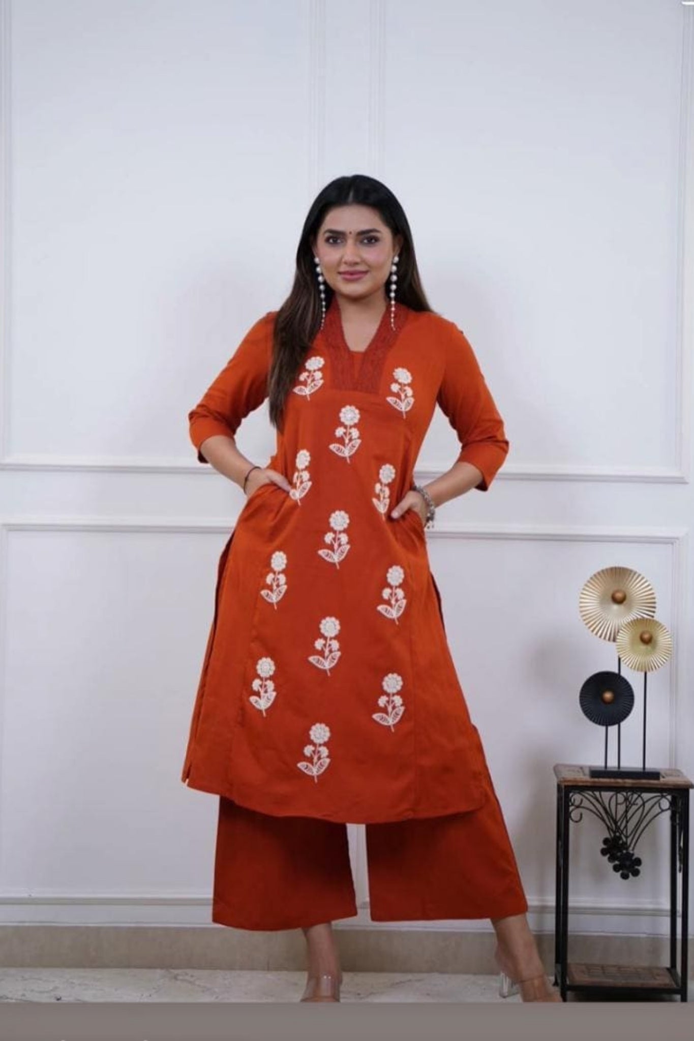 Rust Orange Embroidered Cotton Kurta Pant Set