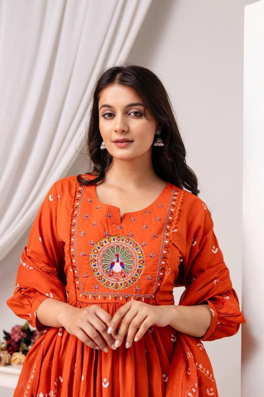 Azure Peacock Embroidered Cotton Kurta Set with Dupatta