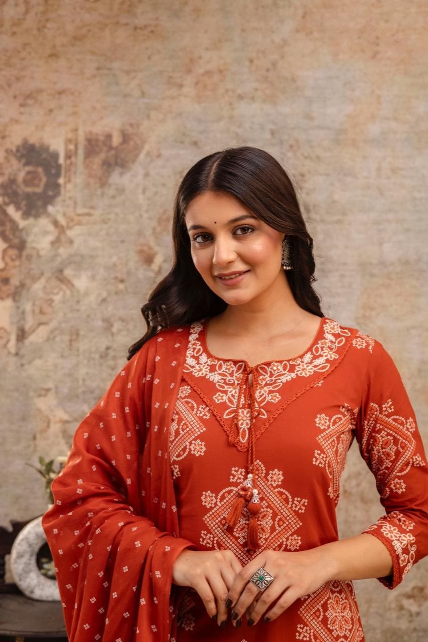 Rust Printed Kurti Pant Dupatta Set