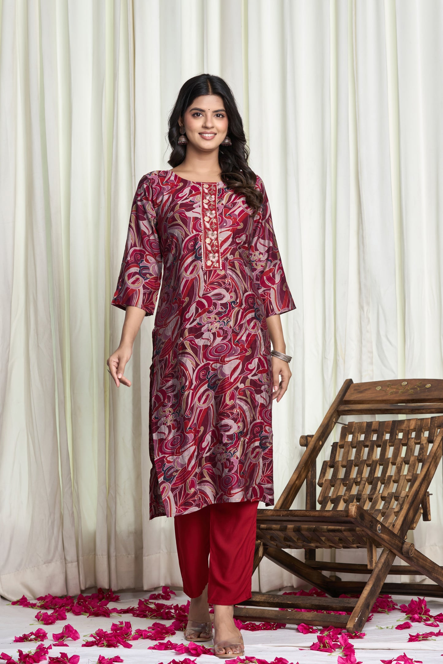 Gulzar Aura – Maroon Floral Printed Straight Kurta Set with Golden Embroidered Dupatta