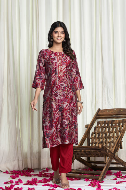 Gulzar Aura – Maroon Floral Printed Straight Kurta Set with Golden Embroidered Dupatta