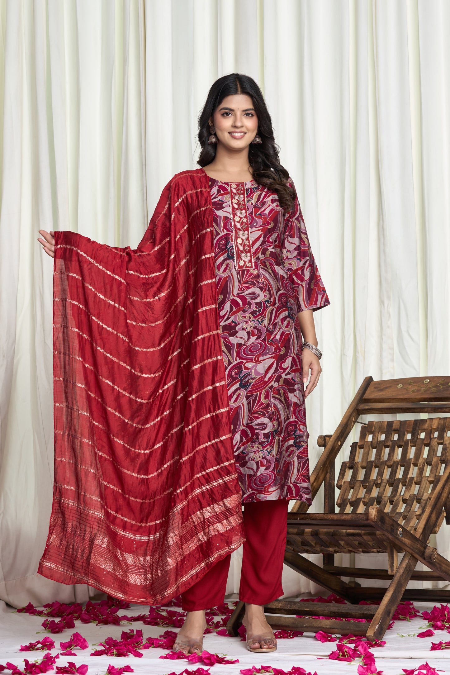 Gulzar Aura – Maroon Floral Printed Straight Kurta Set with Golden Embroidered Dupatta