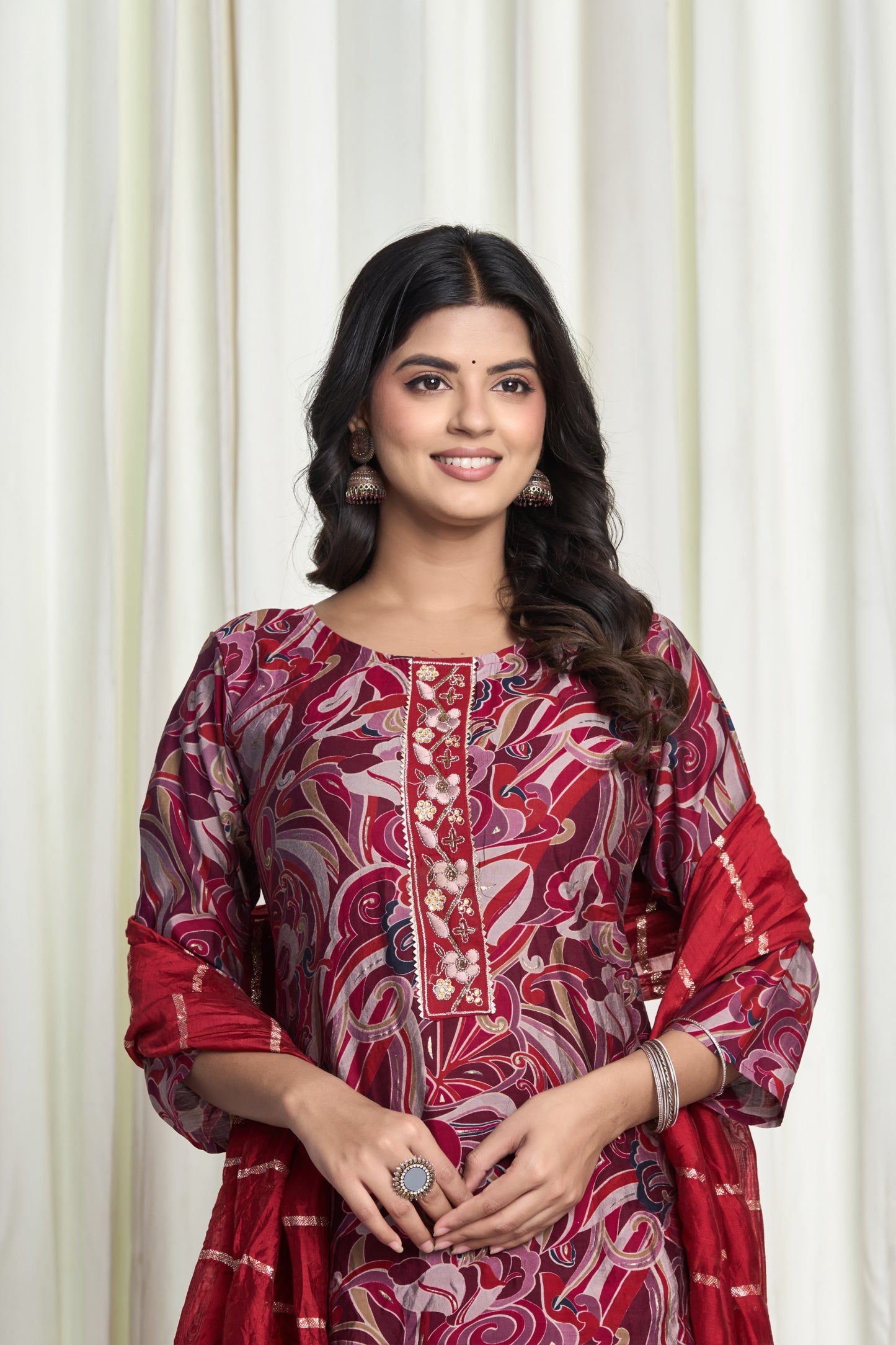 Gulzar Aura – Maroon Floral Printed Straight Kurta Set with Golden Embroidered Dupatta