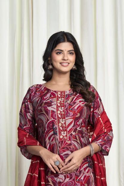Gulzar Aura – Maroon Floral Printed Straight Kurta Set with Golden Embroidered Dupatta