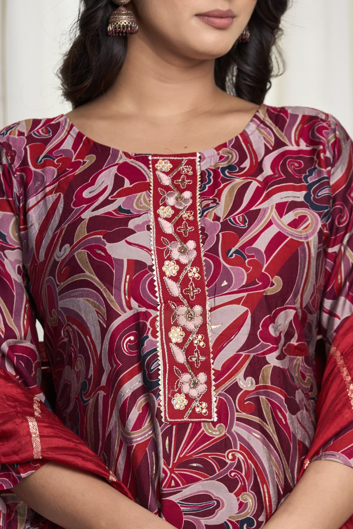 Gulzar Aura – Maroon Floral Printed Straight Kurta Set with Golden Embroidered Dupatta