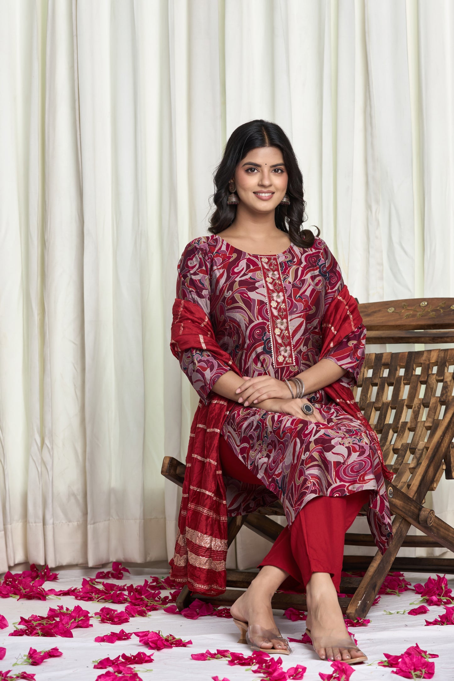 Gulzar Aura – Maroon Floral Printed Straight Kurta Set with Golden Embroidered Dupatta