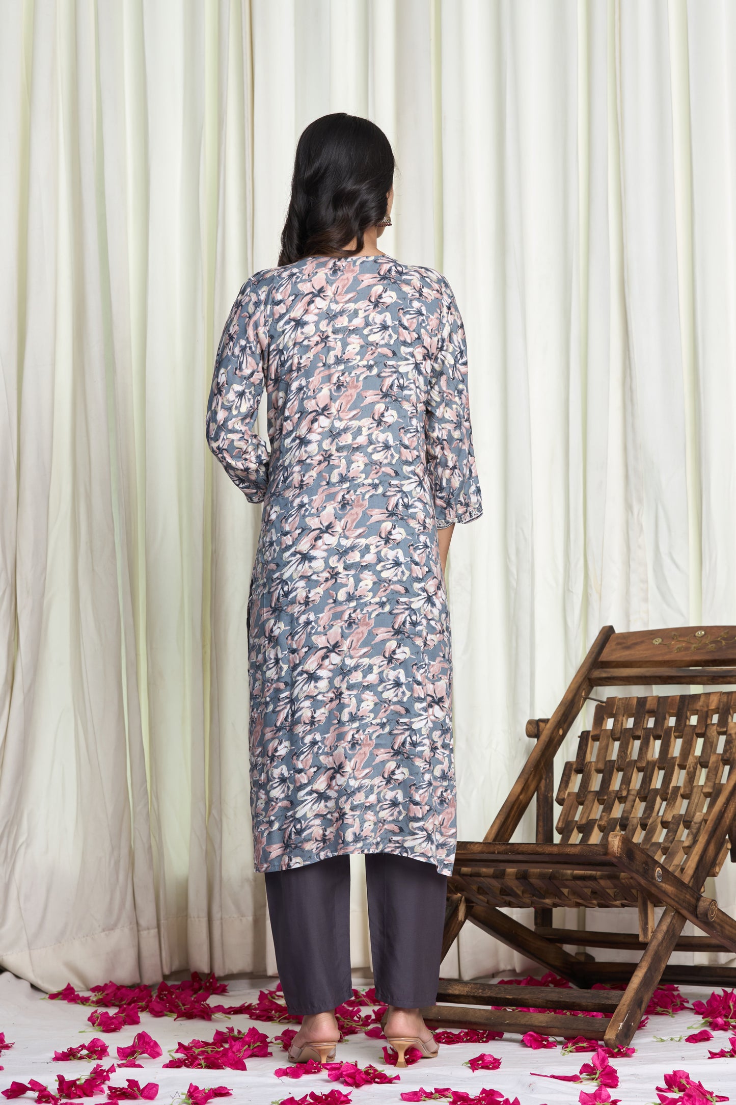 Dusty Blue Floral Printed Straight Kurta Set with Embroidered Yoke & Churidar Pants
