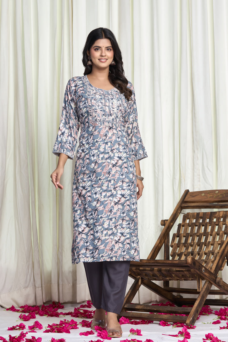 Dusty Blue Floral Printed Straight Kurta Set with Embroidered Yoke & Churidar Pants