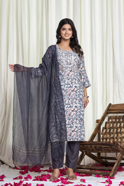 Dusty Blue Floral Printed Straight Kurta Set with Embroidered Yoke & Churidar Pants
