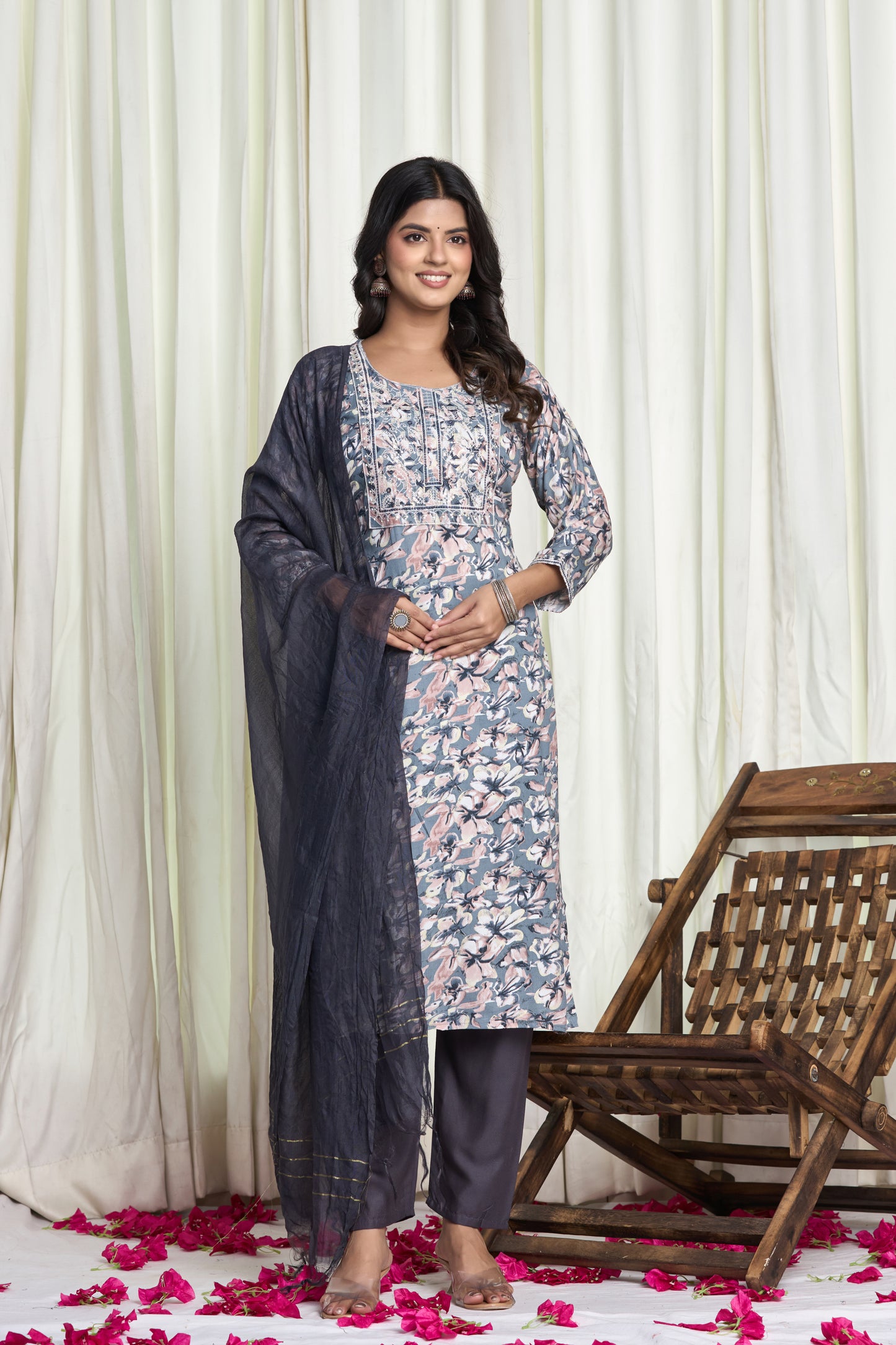 Dusty Blue Floral Printed Straight Kurta Set with Embroidered Yoke & Churidar Pants
