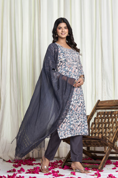 Dusty Blue Floral Printed Straight Kurta Set with Embroidered Yoke & Churidar Pants