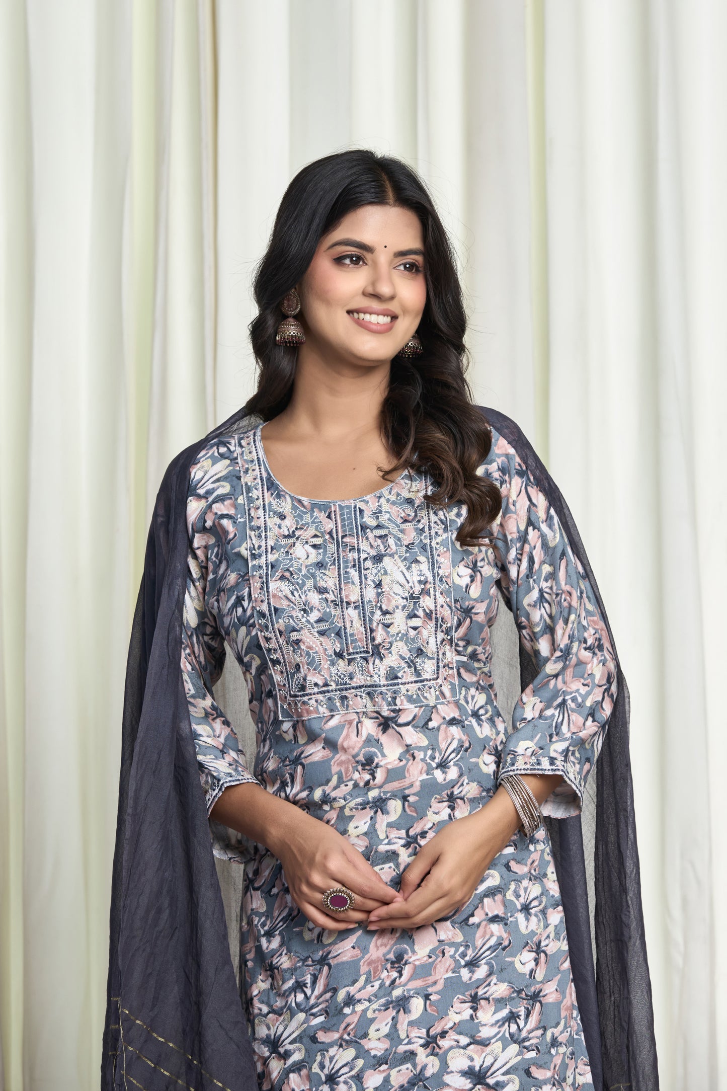 Dusty Blue Floral Printed Straight Kurta Set with Embroidered Yoke & Churidar Pants