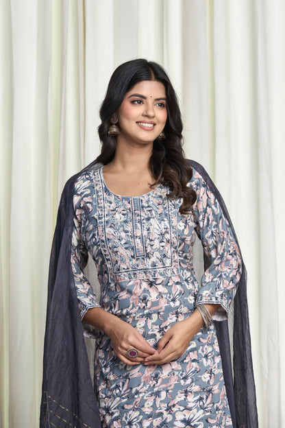 Dusty Blue Floral Printed Straight Kurta Set with Embroidered Yoke & Churidar Pants