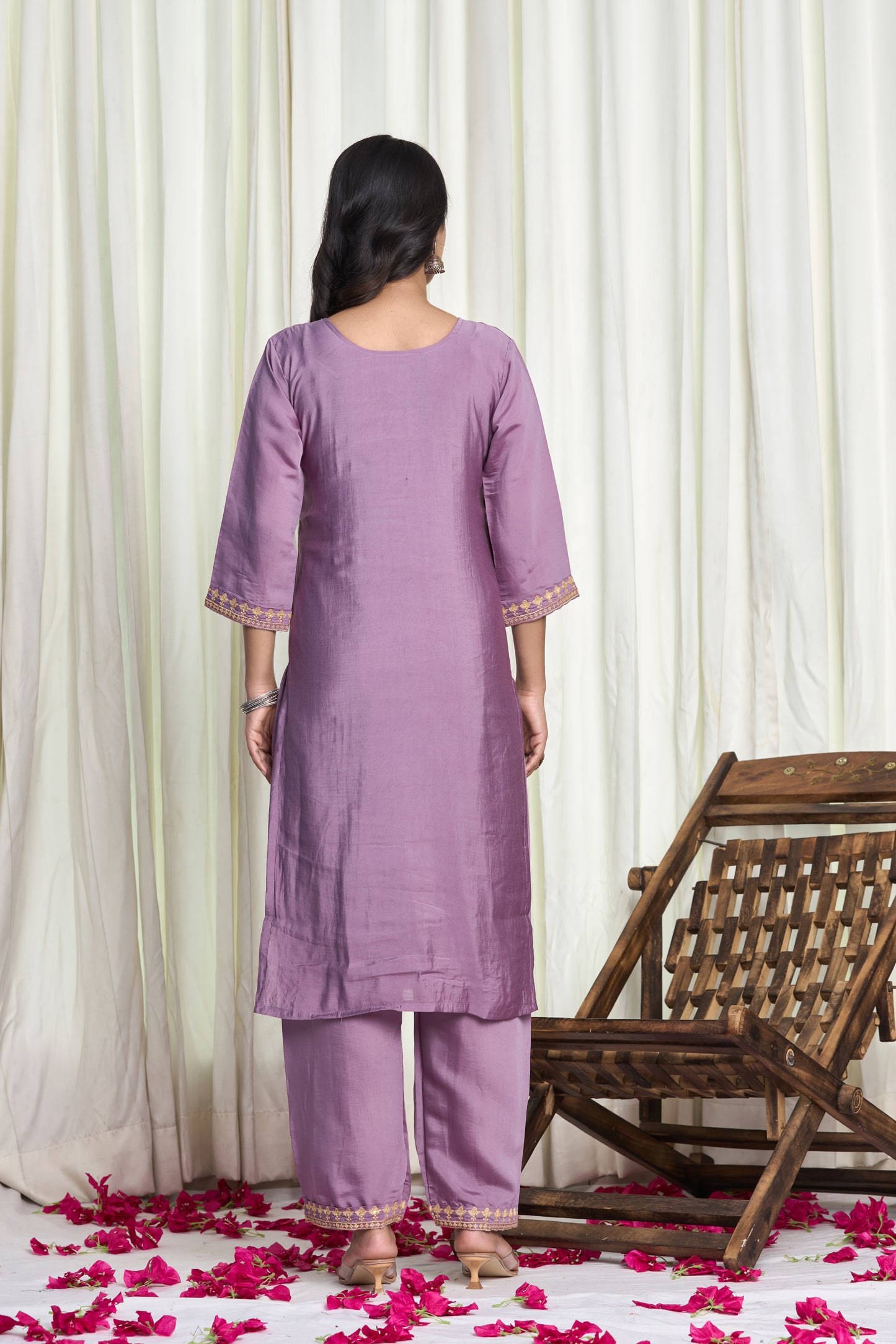 Purple Cotton Silk Embroidered 3-Piece Kurti Set
