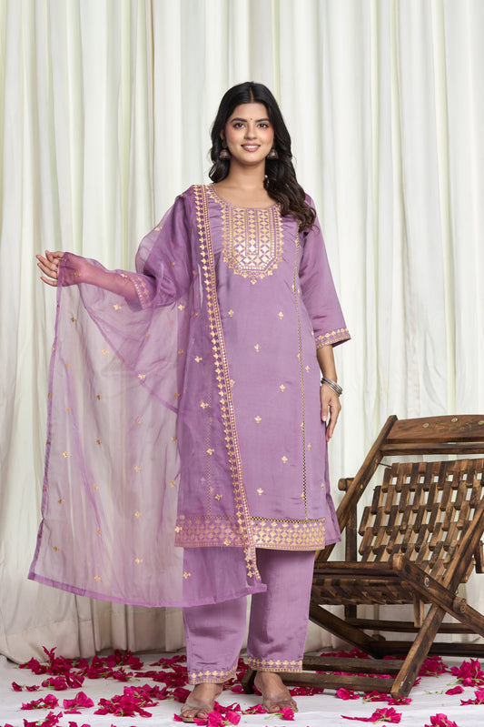 Purple Cotton Silk Embroidered 3-Piece Kurti Set