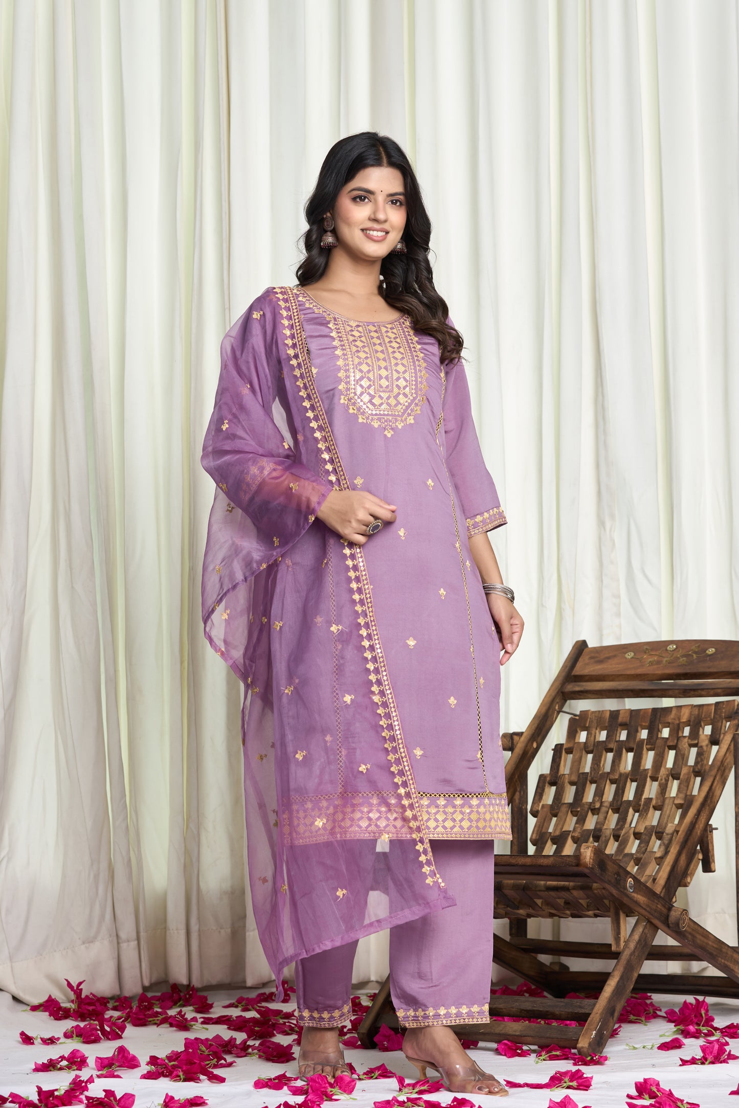 Purple Cotton Silk Embroidered 3-Piece Kurti Set